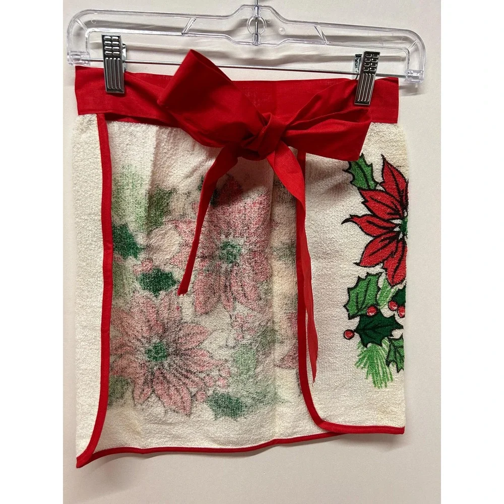 Christmas Holiday Apron, Poinsettias, Terry‎ Cloth Handmade, Small 16